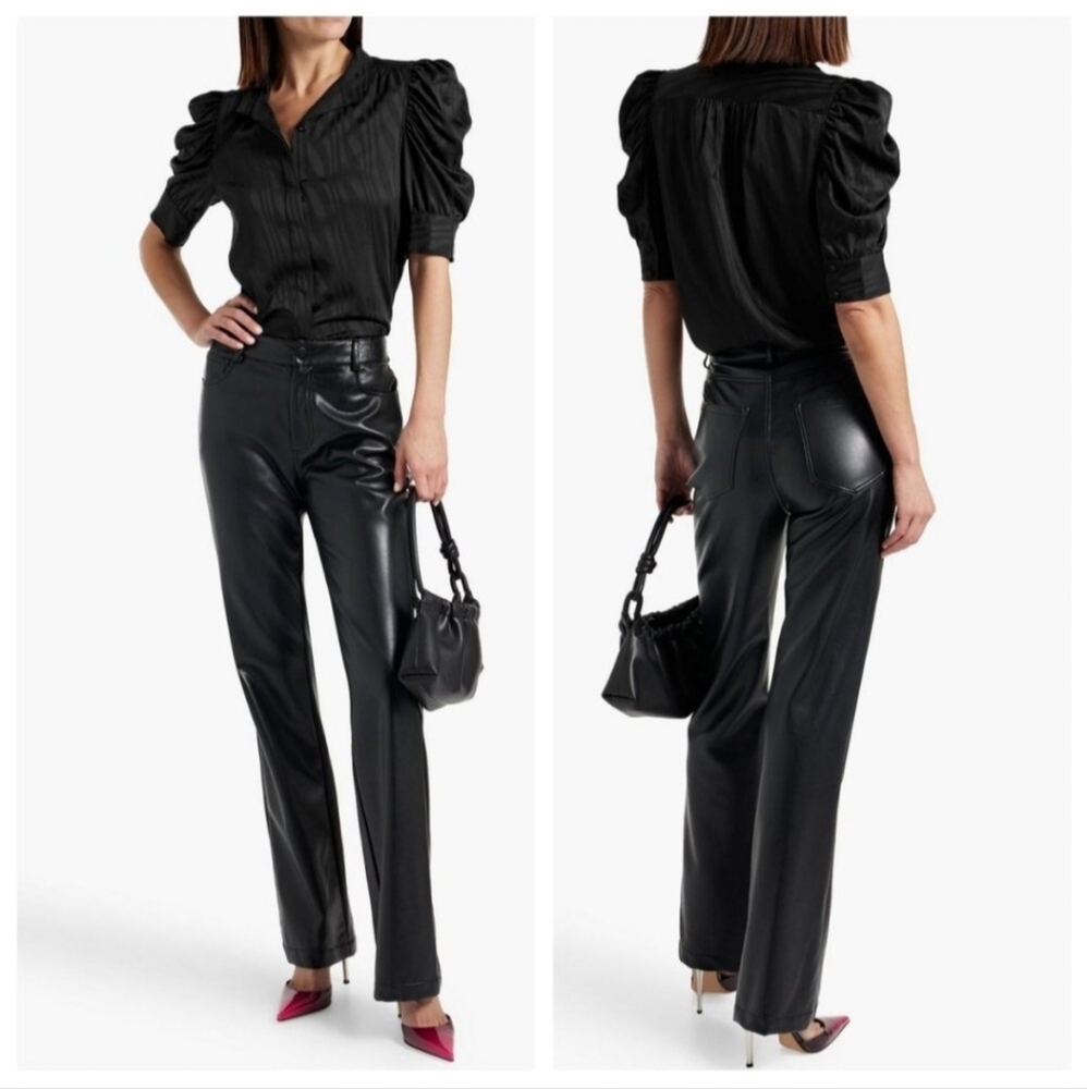 Frame Gillian Puff Sleeve Silk Top 3/4 Sleeve Button Up Black Small - Picture 3 of 15